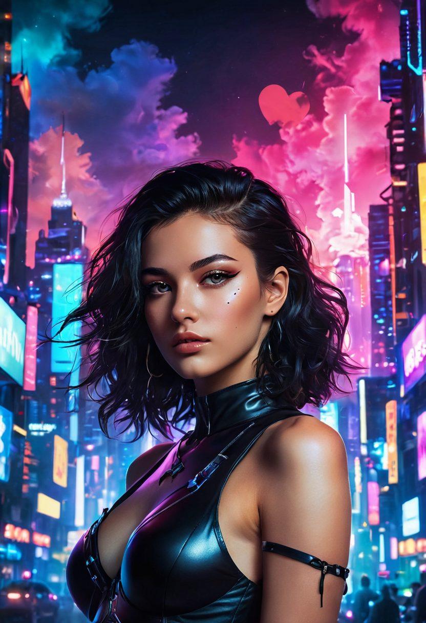 A striking image of a young, confident star with a captivating gaze, surrounded by abstract representations of the adult industry, such as bold neon lights and artistic silhouettes. Incorporate ethereal elements like dreamlike clouds and floating hearts to symbolize sensuality. The background should be a blend of seductive colors, creating an inviting yet provocative atmosphere. Include a futuristic city skyline subtly in the distance to symbolize the modern evolution of content. vibrant colors. cyberpunk. super-realistic.