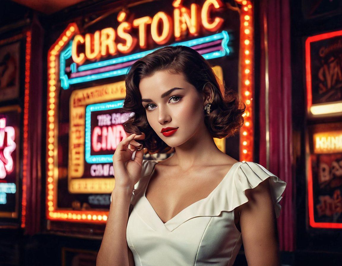 An enticing, glamorous scene featuring a confident young woman standing in front of a vintage cinema marquee illuminated with neon lights, showcasing bold X-rated film titles. The background includes silhouettes of classic film reels and playful candy wrappers to evoke a cinematic atmosphere. The woman embodies a playful yet seductive vibe, dressed in a stylish vintage outfit that hints at her transitional journey. The color palette is vibrant and eye-catching with a touch of nostalgia. super-realistic. vibrant colors.